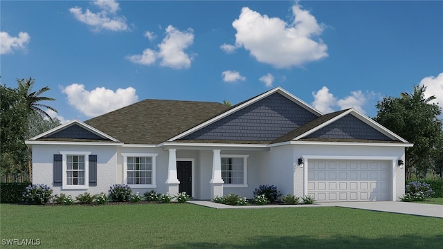 view of front of home featuring concrete driveway, roof with shingles, an attached garage, a front lawn, and stucco siding