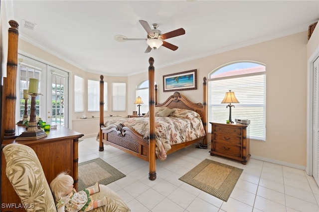 bedroom featuring light tile patterned floors, baseboards, visible vents, a ceiling fan, and ornamental molding