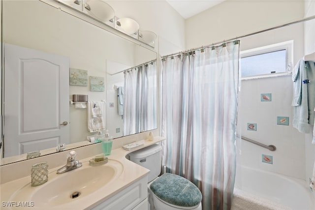 full bathroom with toilet, shower / bathtub combination with curtain, and vanity