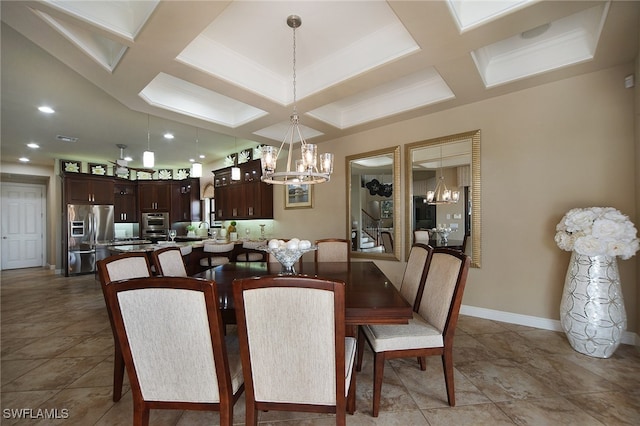 dining room featuring recessed lighting, coffered ceiling, a notable chandelier, and baseboards