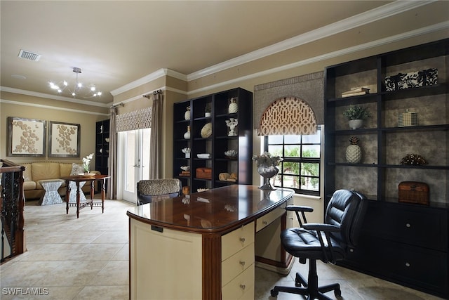 office space featuring ornamental molding, light tile patterned flooring, visible vents, and a healthy amount of sunlight