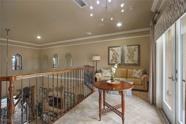 interior space featuring recessed lighting, light tile patterned flooring, visible vents, and crown molding