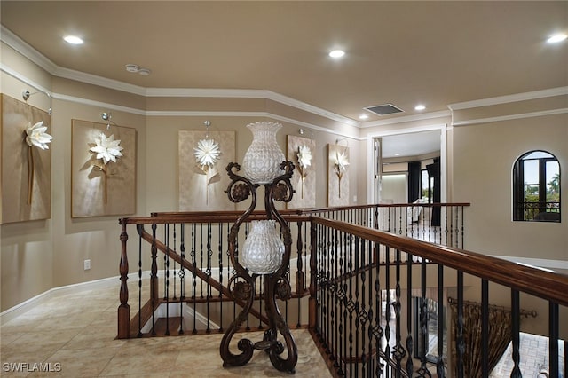 corridor with ornamental molding, recessed lighting, an upstairs landing, and baseboards