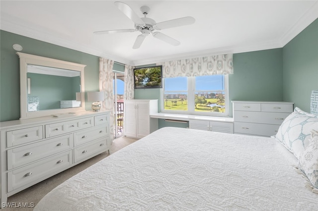 carpeted bedroom with crown molding, a ceiling fan, and access to exterior