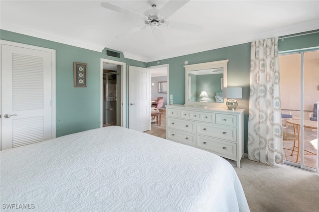 bedroom featuring crown molding, access to outside, light colored carpet, a ceiling fan, and visible vents