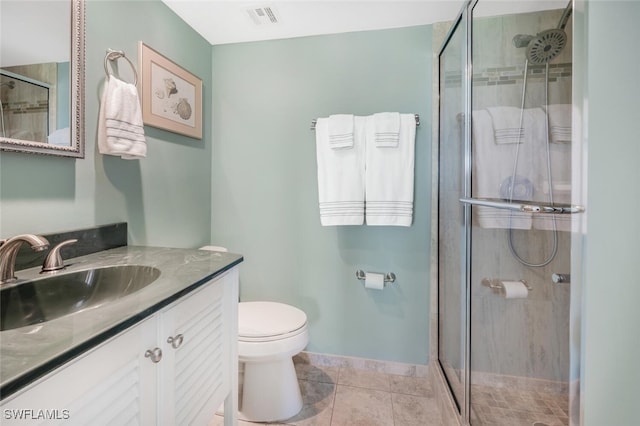 full bath featuring visible vents, vanity, toilet, and a shower stall
