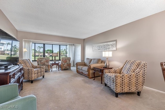 living area with a textured ceiling, baseboards, and light colored carpet