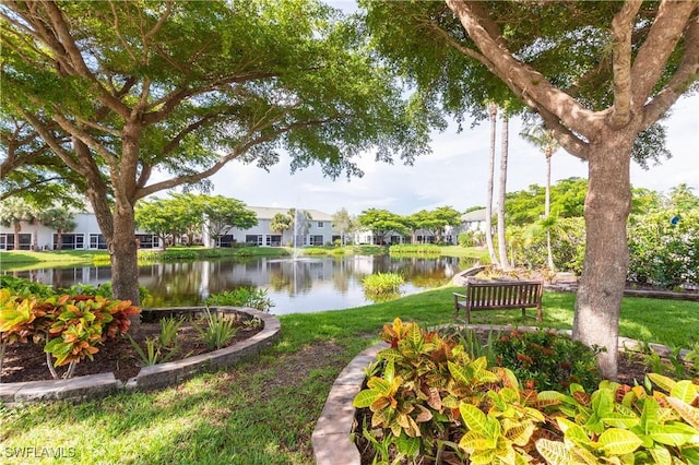 view of home's community with a lawn and a water view