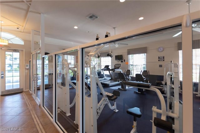 workout area with visible vents, recessed lighting, french doors, tile patterned flooring, and ceiling fan