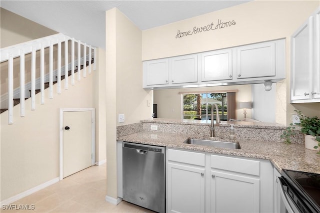 kitchen featuring light stone counters, white cabinetry, a sink, electric stove, and dishwasher