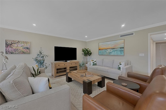 living room featuring recessed lighting, visible vents, and ornamental molding