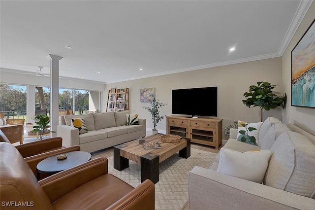 living room with crown molding, baseboards, ceiling fan, recessed lighting, and light wood-style floors