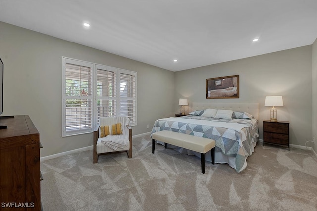 carpeted bedroom with recessed lighting and baseboards