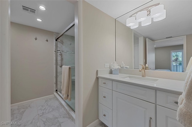 bathroom featuring visible vents, baseboards, marble finish floor, and a shower stall