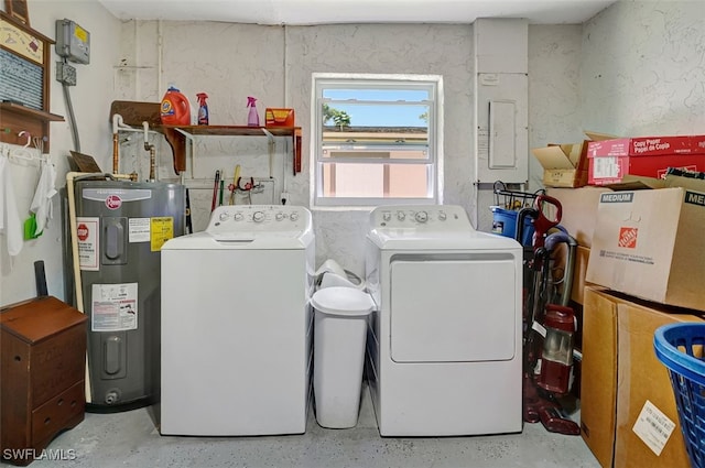 laundry area with electric panel, laundry area, water heater, and washing machine and clothes dryer