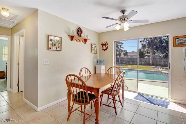 dining room with ceiling fan, baseboards, and light tile patterned floors