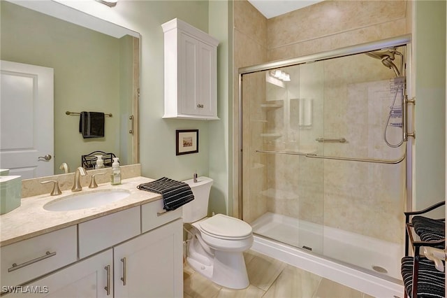 bathroom with a shower stall, vanity, and toilet