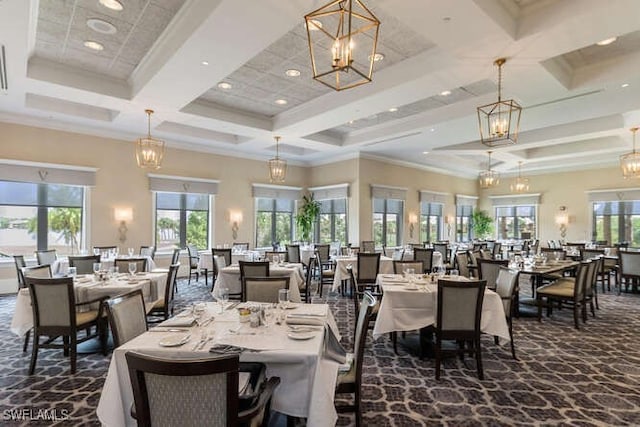 dining area featuring beam ceiling, dark colored carpet, a towering ceiling, a chandelier, and coffered ceiling