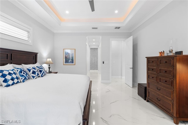 bedroom with marble finish floor, baseboards, visible vents, and a raised ceiling