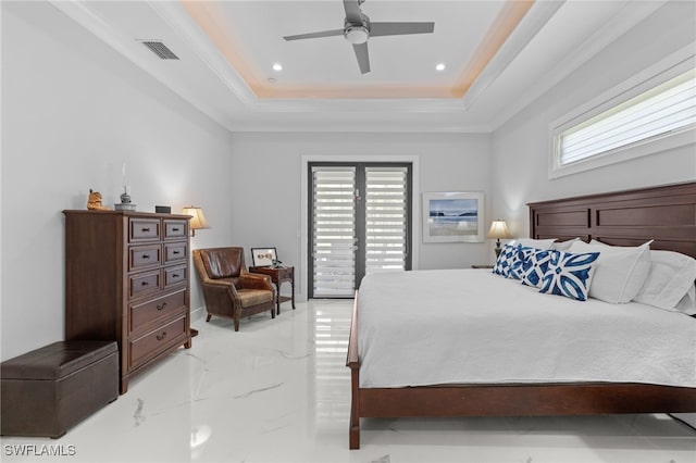 bedroom with visible vents, a ceiling fan, marble finish floor, a tray ceiling, and recessed lighting