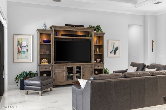 living room with marble finish floor, visible vents, and crown molding