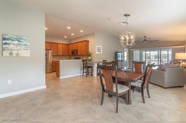 dining space featuring light tile patterned floors, baseboards, visible vents, an inviting chandelier, and recessed lighting