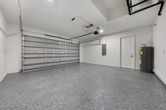 garage featuring water heater, electric panel, and a garage door opener