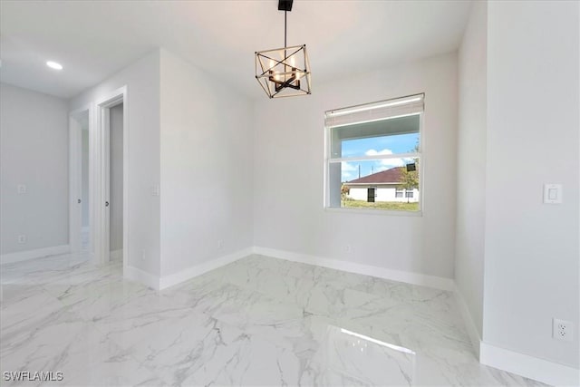 unfurnished room featuring marble finish floor, baseboards, a chandelier, and recessed lighting