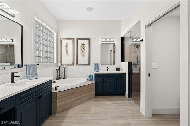 bathroom with a bath, a shower stall, two vanities, and a sink