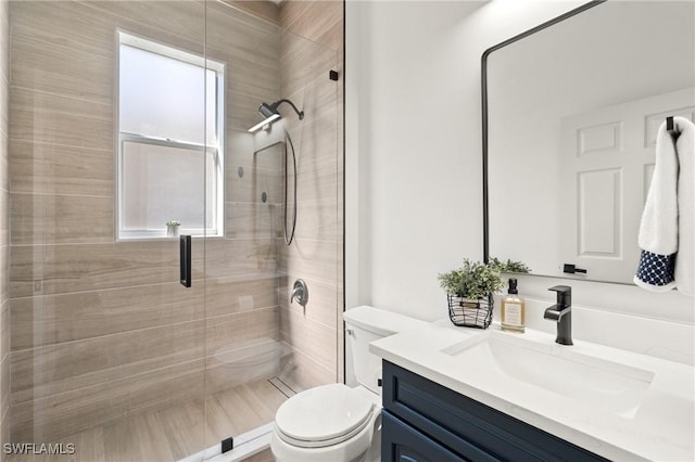 bathroom featuring a stall shower, toilet, and vanity