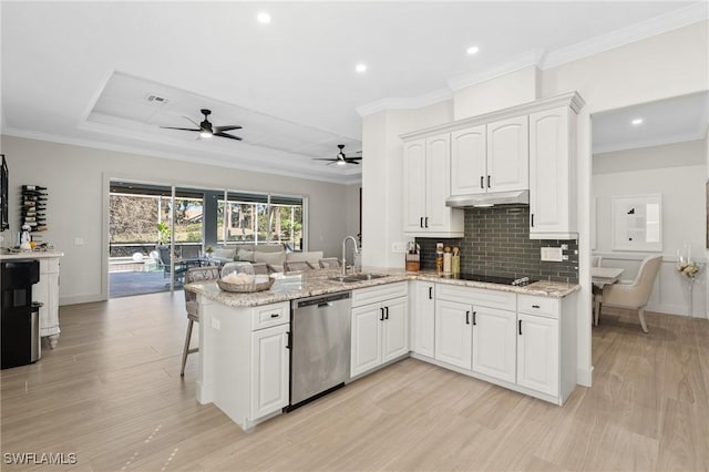 kitchen with a sink, light stone counters, stainless steel dishwasher, a peninsula, and white cabinets