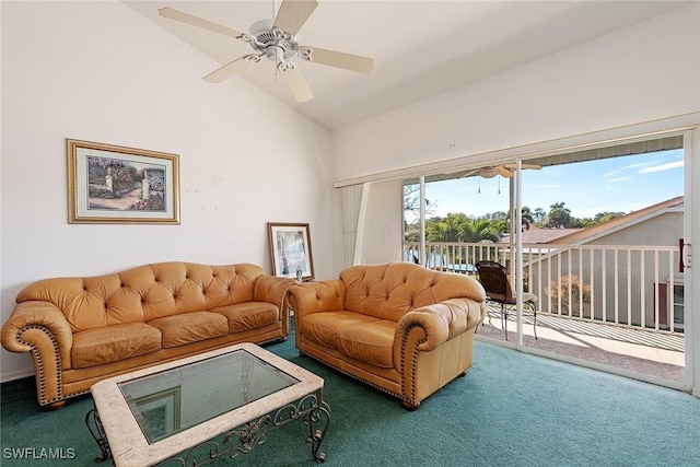 living area featuring ceiling fan, high vaulted ceiling, and carpet flooring