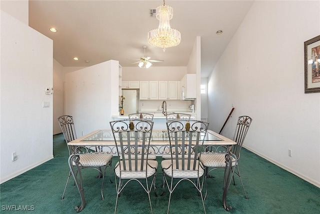 unfurnished dining area with ceiling fan, recessed lighting, carpet flooring, visible vents, and baseboards