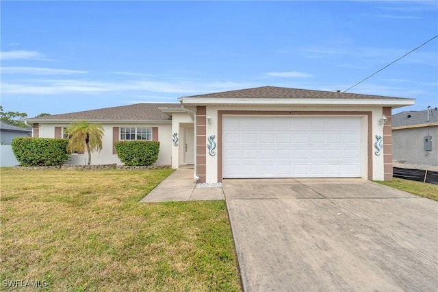 ranch-style house featuring a garage, driveway, a front lawn, and stucco siding