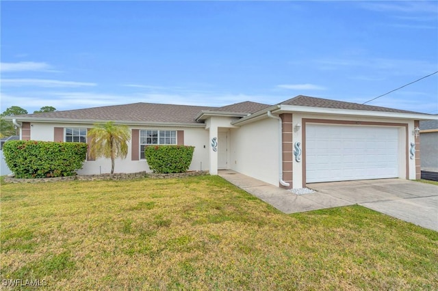 ranch-style home featuring driveway, a front lawn, an attached garage, and stucco siding