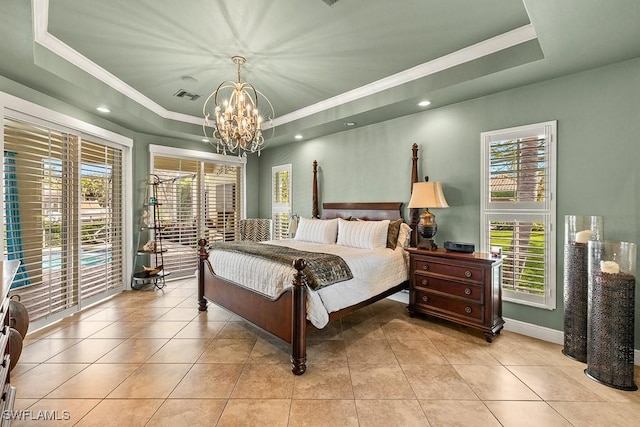 bedroom with light tile patterned floors, a raised ceiling, visible vents, and a chandelier