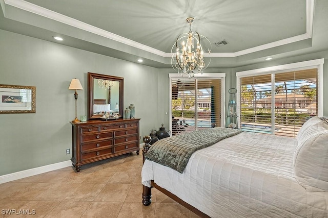 bedroom with visible vents, baseboards, ornamental molding, access to exterior, and a tray ceiling