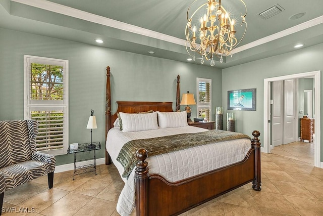 tiled bedroom with a tray ceiling, a notable chandelier, recessed lighting, visible vents, and baseboards