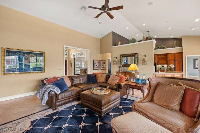 living room featuring visible vents, baseboards, ceiling fan, high vaulted ceiling, and recessed lighting