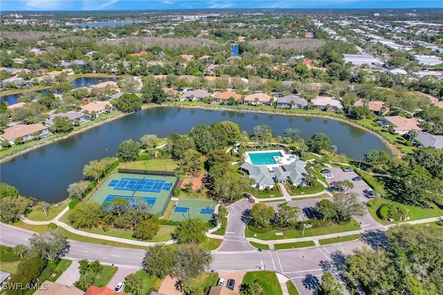 aerial view featuring a water view and a residential view