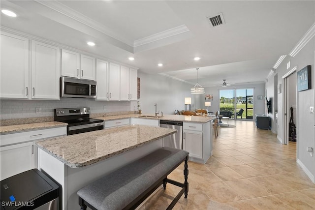 kitchen featuring a peninsula, open floor plan, appliances with stainless steel finishes, tasteful backsplash, and crown molding