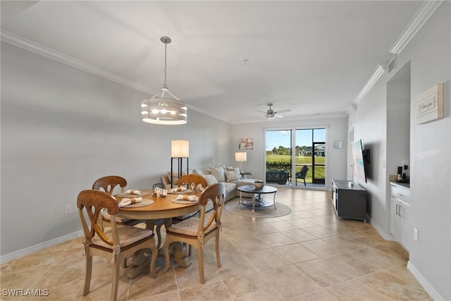 dining space featuring light tile patterned floors, ceiling fan, baseboards, and crown molding