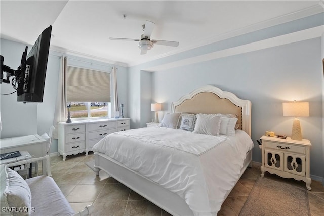 bedroom featuring ceiling fan, baseboards, and light tile patterned flooring