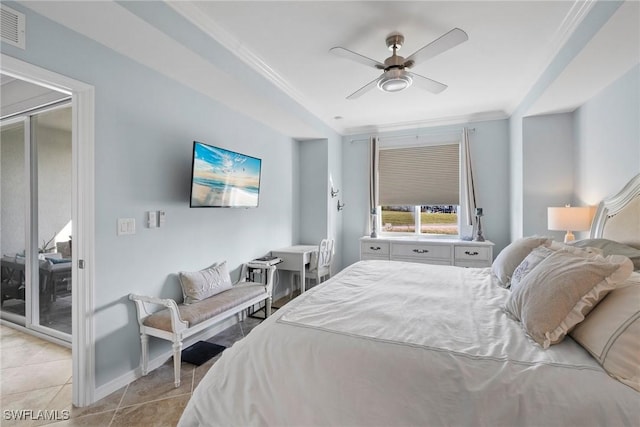 bedroom with light tile patterned floors, visible vents, access to exterior, a ceiling fan, and ornamental molding