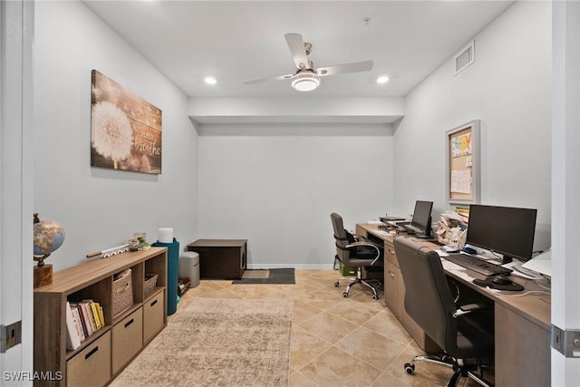 home office with recessed lighting, baseboards, visible vents, a ceiling fan, and light tile patterned flooring