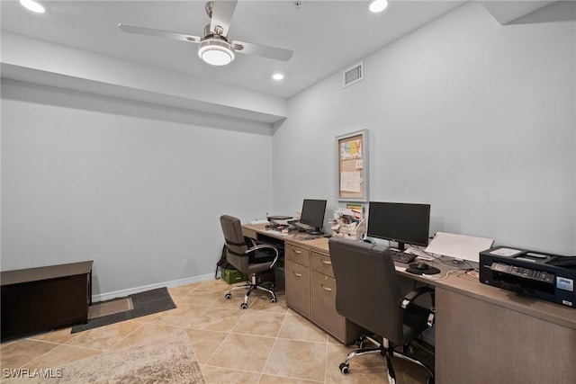 home office with light tile patterned floors, ceiling fan, recessed lighting, visible vents, and baseboards