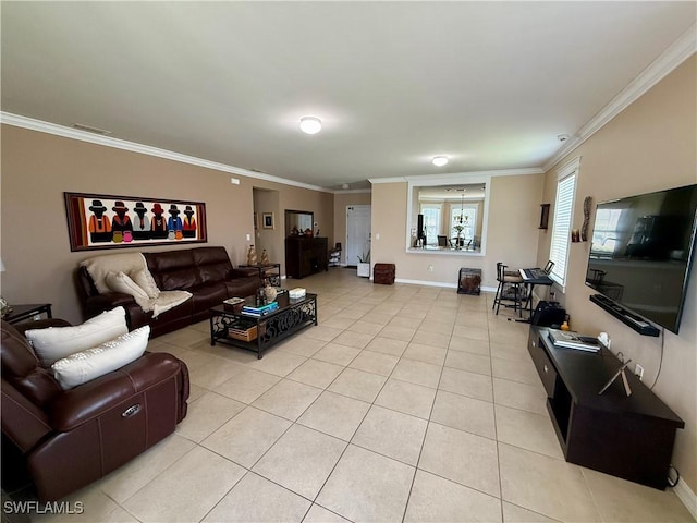 living room featuring crown molding, light tile patterned floors, baseboards, and visible vents