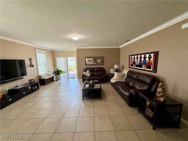 living room with light tile patterned floors and ornamental molding