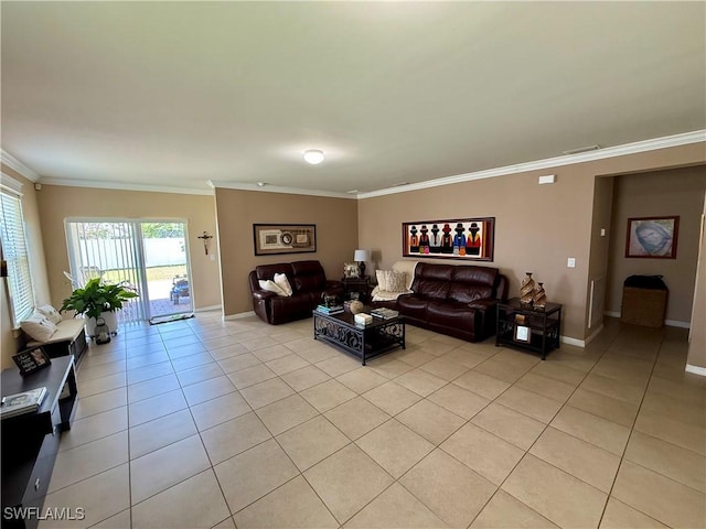 living room with light tile patterned floors, visible vents, baseboards, and ornamental molding
