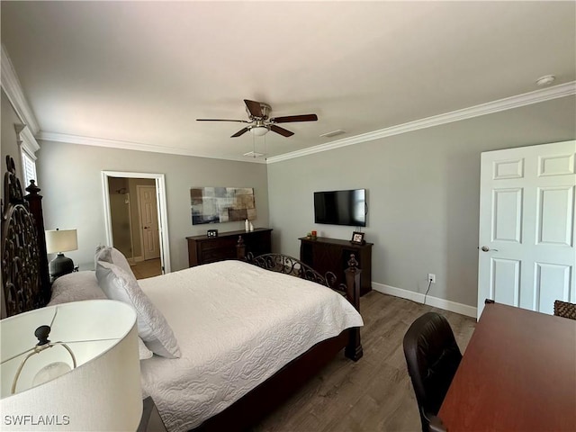 bedroom featuring a ceiling fan, wood finished floors, baseboards, and ornamental molding